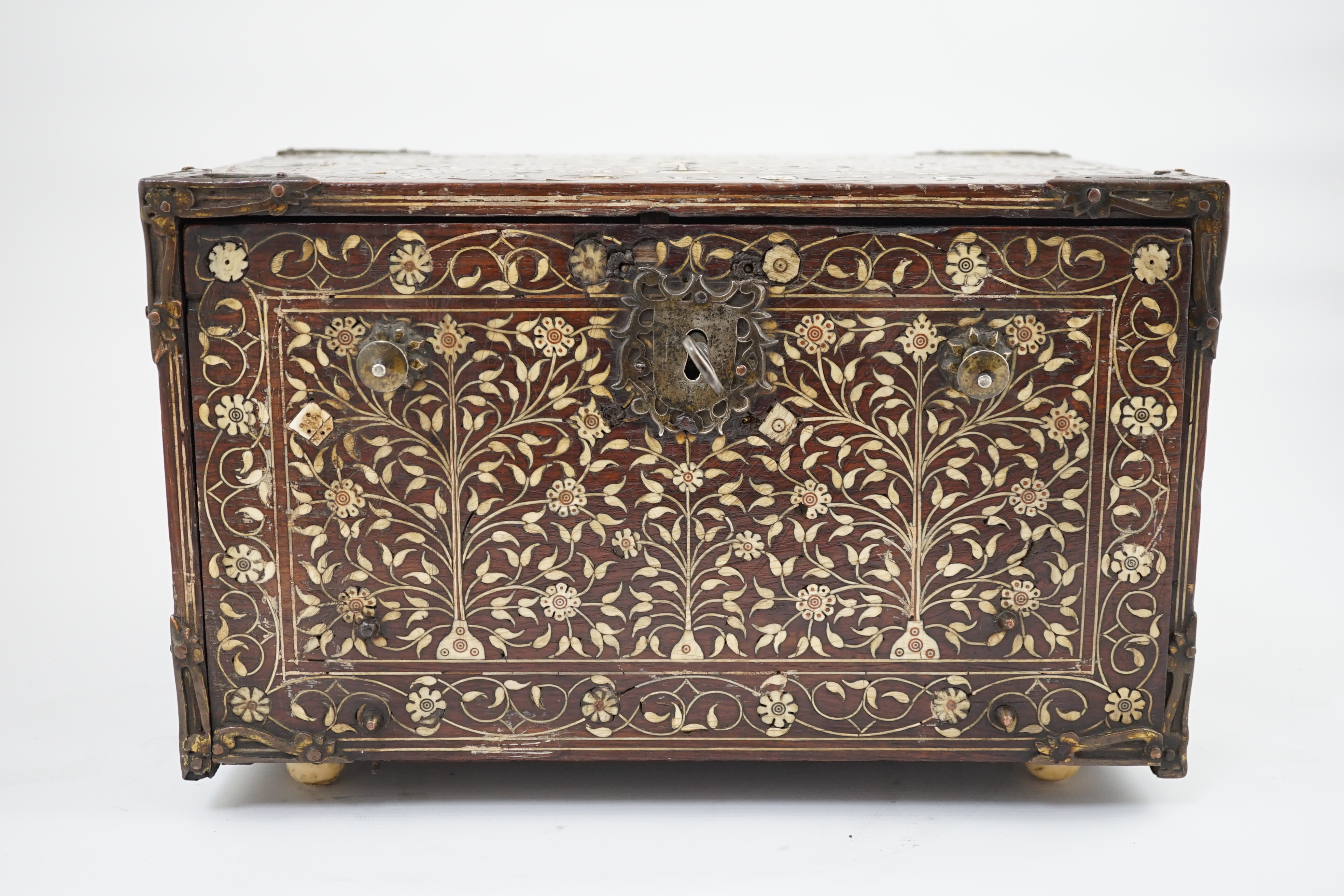 An early 17th century Indo-Portuguese ivory inset hardwood travelling chest